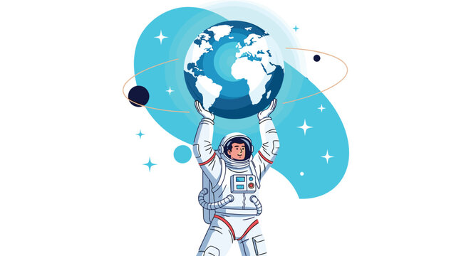 Brave astronaut in a space suit floating in zero gravity while holding a glowing globe of planet earth in his hands during a space mission.