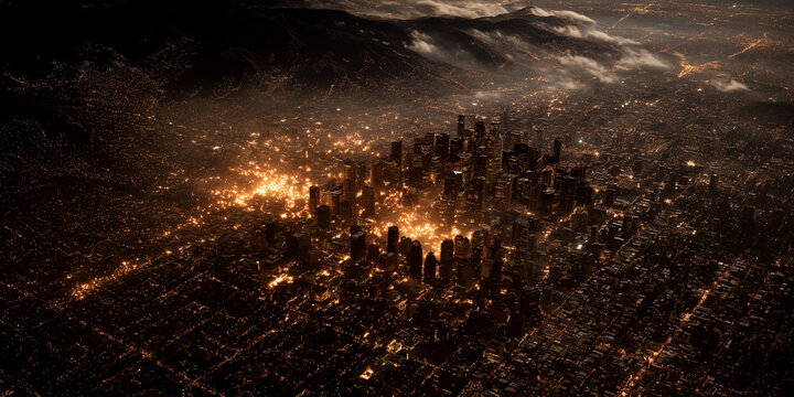 Urban nightscape electric grid modernization event in a cityscape futuristic environment aerial view