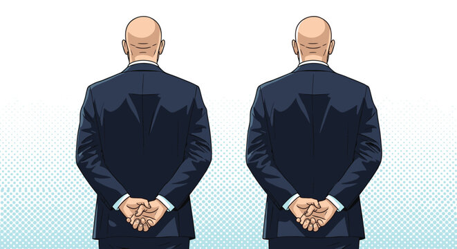 Rear view of two identical bald men wearing dark suits and standing with their hands clasped behind their backs in a professional guard pose.