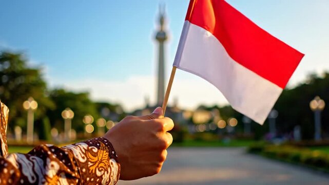Hand waves Indonesian flag with batik sleeve against monument and blue sky