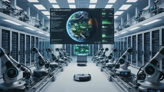 Futuristic data center with rows of servers, robotic arms, and a large screen displaying the Earth and data, representing AI and global network