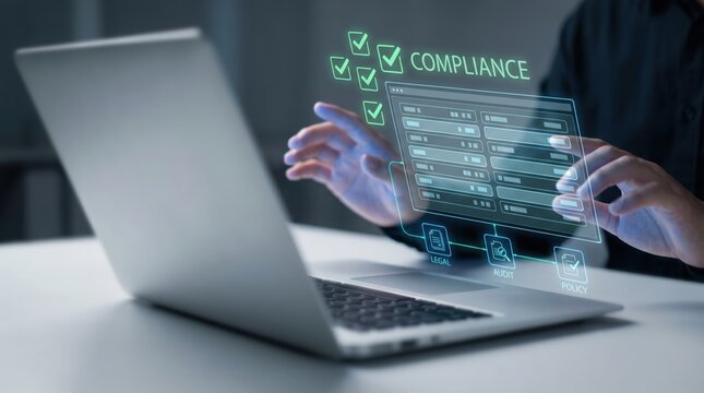 Corporate Compliance and RegTech Concept: Hands Interacting with Holographic Digital Ledger, Audit, Legal, and Policy Icons