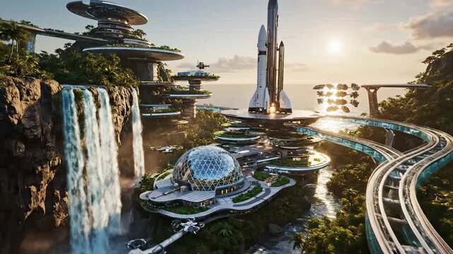 Futuristic eco-city with sustainable architecture, monorail transport, and lush tropical vegetation, showcasing advanced civilization and green technology