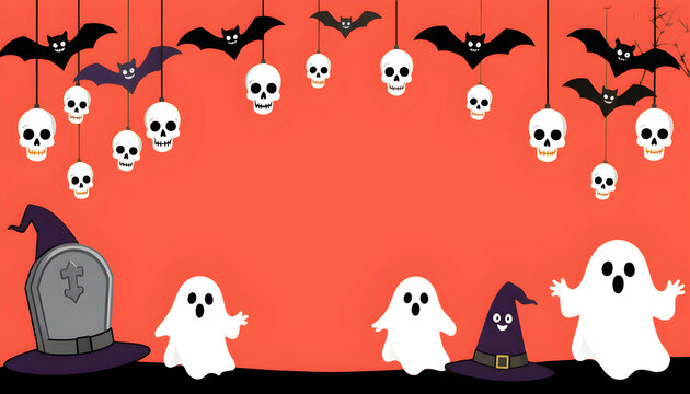 Halloween spooky pattern with floating skulls, hanging bats and ghosts on red background