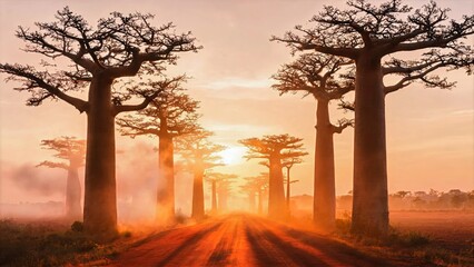 Fototapeta premium Morning Fog Rolling Through the Iconic Avenue of the Baobabs in Madagascar at Golden Sunrise 
