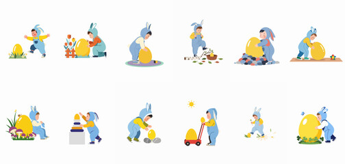 Obraz premium Set of illustrations featuring a cute toddler in a blue bunny costume playing with large golden Easter eggs in various scenes.