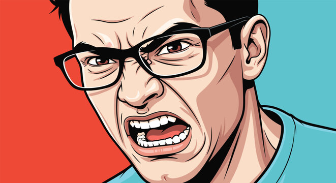 Close up portrait of an extremely angry and shouting man with glasses over a split red and blue background in pop art comic book style.