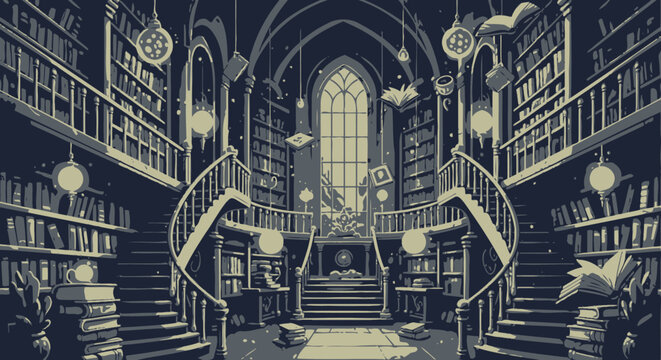 Elegant library interior illustration with books shelves stairs and arched window