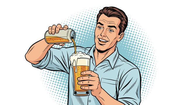 Smiling man pouring fresh beer from a silver can into a tall glass with foam in vintage pop art comic book style on a dotted background.