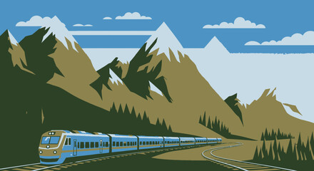 Stylized train traveling through mountains and scenic landscape illustration © Gunting