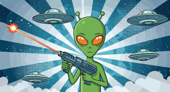 Green alien with large orange eyes holding a laser gun against a background of UFO spacecraft and blue sunburst rays in pop art style.