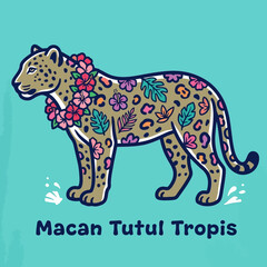 Fototapeta premium Tropical cheetah with floral pattern design.