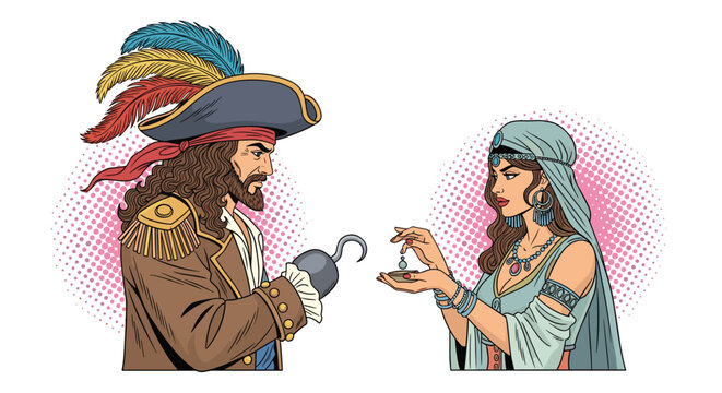 Pirate captain with a hook hand looking at a beautiful woman in a headscarf holding a small bowl of precious gems.
