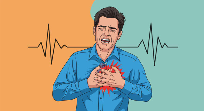 Man in a blue shirt clutching his chest in pain with a red starburst over his heart and an EKG heart rate line behind him.