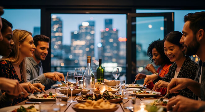 Happy diverse friends enjoying dinner at a modern restaurant with city skyline views at night
