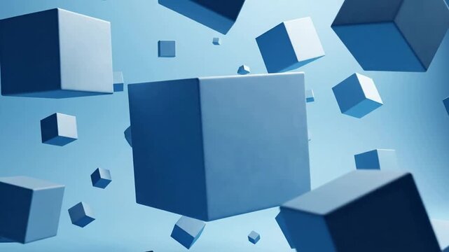 Various sized blue cubes float and scatter in mid-air in a gradient blue background