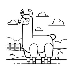 Naklejka premium A cute cartoon llama stands in a field with clouds and a wooden fence in the background, presented as a simple black and white line art illustration.