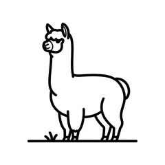 Naklejka premium Minimalist black and white line art illustration of an alpaca standing on a small patch of grass, facing left.