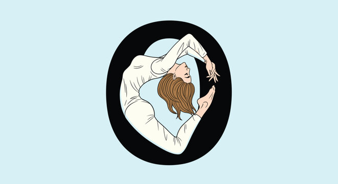 Flexible female gymnast in a white leotard performing a contortionist pose gracefully inside a large black capital letter O.