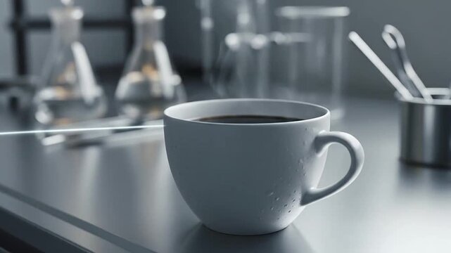 A cup of coffee on a laboratory countertop with scientific equipment.