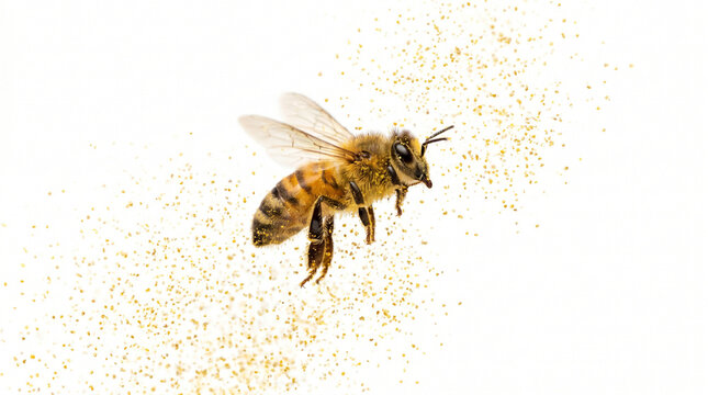 Flying honey bee, insect in flight, golden pollen trail, buzzing animal