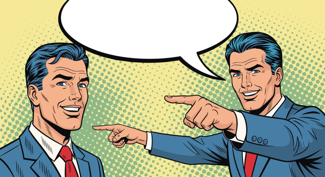Two identical businessmen in suits pointing fingers at each other with a blank speech bubble in a humorous or accusatory scene.