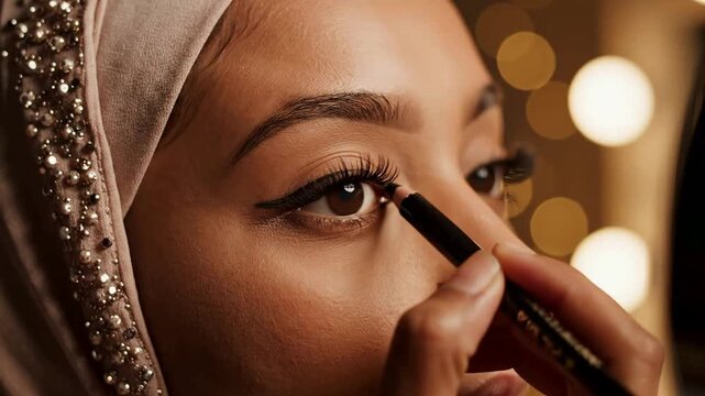 Woman applies mascara to her eye with a brush indoors closely.