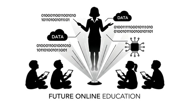Future online education concept with teacher and students using digital devices and data exchange