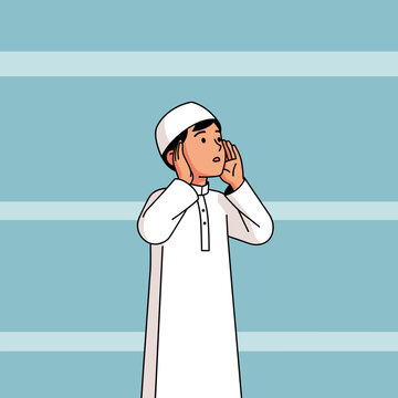 Young Muslim boy in traditional white attire making the call to prayer (Adhan) with hands cupped around his ears.
