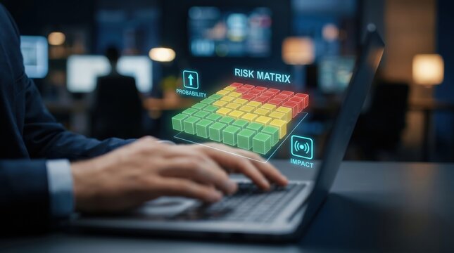 Enterprise Risk Management and Assessment Concept: Hands on Laptop with Holographic Risk Matrix Heatmap, Probability, and Impact Icons