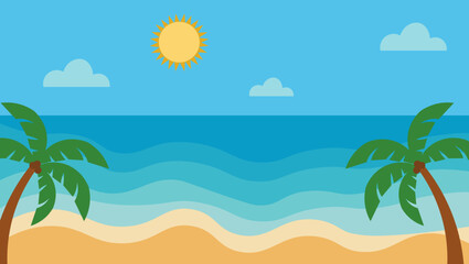 Obraz premium Tropical beach landscape vector with coconut palm tree, blue sea, and clear sky, perfect for summer themes, travel designs, vacation backgrounds, and seaside illustrations.