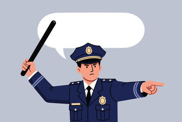 Obraz premium Serious police officer in uniform pointing a finger and holding a baton while a blank speech bubble floats above him for custom messages.