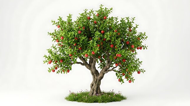 Apple tree with red fruit and green foliage on white background