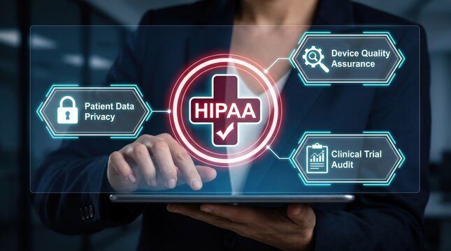 Healthcare Technology Compliance and Data Privacy Concept: Professional with Holographic HIPAA UI, Clinical Trial Audit, and Patient Data Security Icons