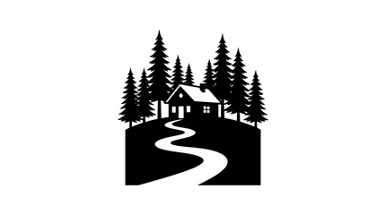 Fototapeta premium Cabin in the woods with winding path and pine trees silhouette