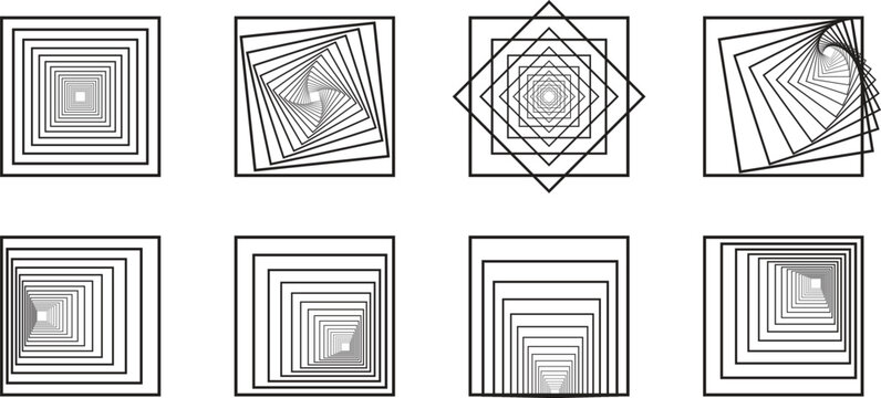 Abstract geometric square frame collection with optical line patterns and modern monochrome symmetry effects. Minimal layered shapes for technology branding, digital posters and creative graphic