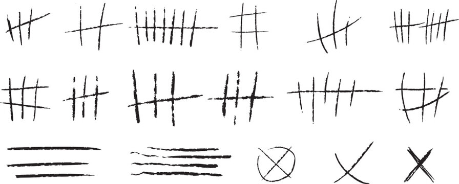 Hand drawn tally mark collection with rough monochrome counting symbols and sketch style scratch line elements. Minimal score tracking icons for education graphics, game interfaces and creative 