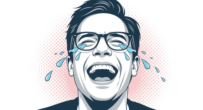 Laughing man with thick glasses and stylish hair expresses extreme joy with tears coming from his eyes in a pop art portrait.