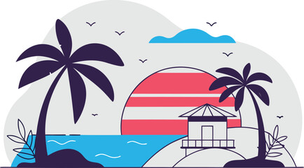 Obraz premium Small beach hut with palm trees and sunset palm tree tropical