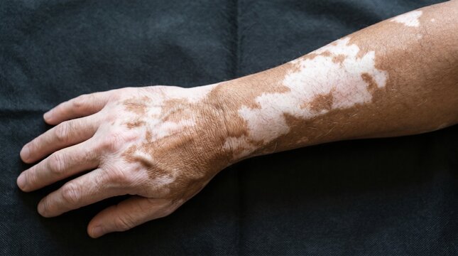 shows a close-up view of a person's hand and forearm resting on a dark fabric background, clearly displaying patches of skin depigmentation caused by vitiligo.
