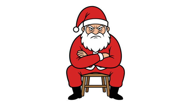 Angry Santa Claus sitting on a stool with arms crossed cartoon illustration