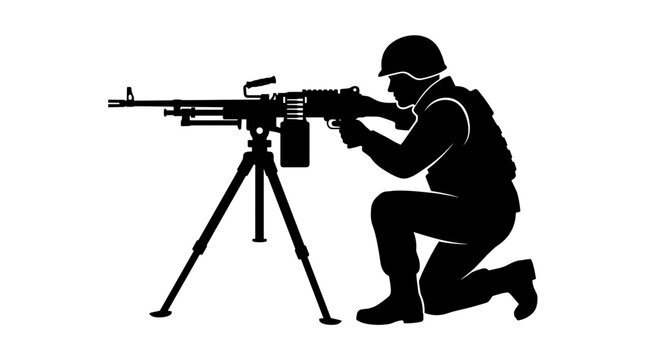 Soldier silhouette kneeling with machine gun on tripod ready to fire