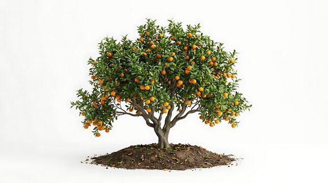 Mature orange tree with fresh fruit on white background