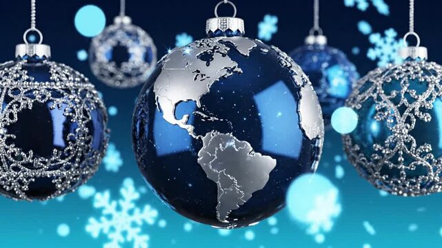 Christmas ornaments hang with a globe on a snowy night background