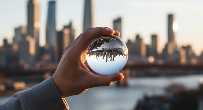 Hand Holding Crystal Ball with Upside Down City Skyline Reflection