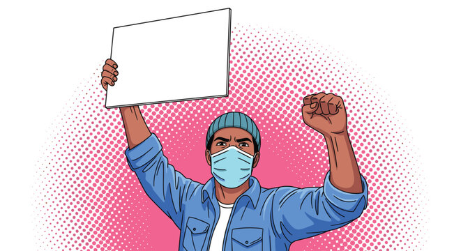 Determined man wearing a medical face mask holds an empty placard while raising his fist against a pink dotted background.
