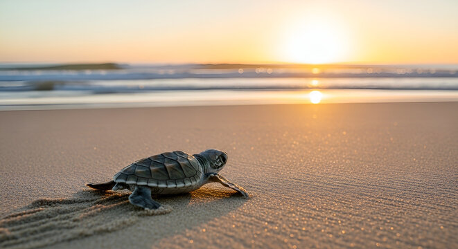 Baby sea turtle hatchling journey to the ocean at sunrise a new beginning on the sandy beach