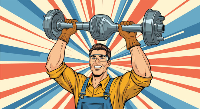 Happy strong mechanic lifting a heavy metal axle like a barbell to show strength and power in a vintage pop art comic style.