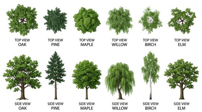 Collection of 12 architectural tree assets, top view and side view tree species including oak pine and maple, landscape design plan symbols