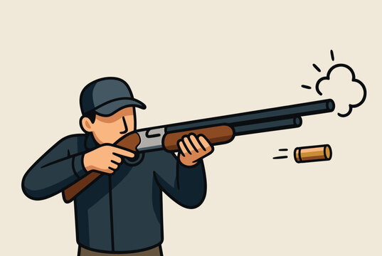 Illustration of a man in a cap shooting a shotgun with a puff of smoke and a shell casing flying from the gun.